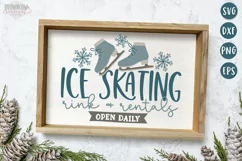 Farmhouse Ice Skating text with hand-drawn ice skates shown on a white sign with a wooden frame