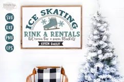 Ice Skating Rentals Farmhouse winter svg shown on a large white sign with a wooden frame