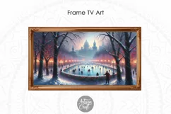 Christmas Frame TV Art shows impressionist painting of serene snow covered park with an ice skating rink in the middle of the city