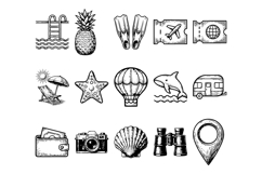 15 Icon Pack Bundle Summer Travel Engraving Style Product Image 1