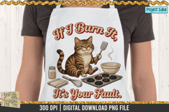 Sarcastic baking cat holding a spatula with burnt cookies, bowls, sprinkles, and kitchen tools in a humorous cooking-themed PNG design.