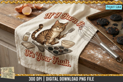 Sarcastic baking cat holding a spatula with burnt cookies, bowls, sprinkles, and kitchen tools in a humorous cooking-themed PNG design.