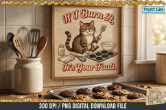 Sarcastic baking cat holding a spatula with burnt cookies, bowls, sprinkles, and kitchen tools in a humorous cooking-themed PNG design.
