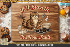 Sarcastic baking cat holding a spatula with burnt cookies, bowls, sprinkles, and kitchen tools in a humorous cooking-themed PNG design.
