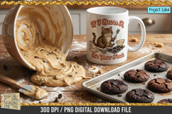 Sarcastic baking cat holding a spatula with burnt cookies, bowls, sprinkles, and kitchen tools in a humorous cooking-themed PNG design.