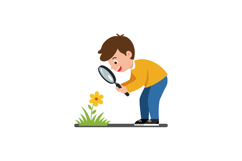 Boy observing flower with magnifying glass in flat vector ar Product Image 1