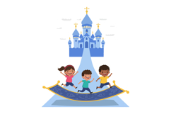 Children joyfully running on a colorful carpet in flat vecto Product Image 1