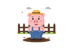 Happy cartoon pig wearing a yellow hat in flat vector art Product Image 1
