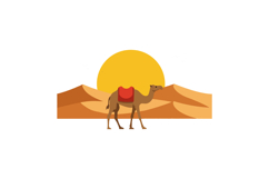 Desert camel walking in the warm sun with sandy dunes, minim Product Image 1