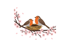 Two charming birds on a branch with blossoms in a flat vecto Product Image 1