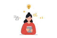Woman holding a tablet with light bulb ideas and gears in fl Product Image 1