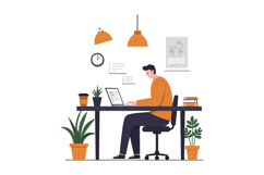 Person working at a desk with plants and clock in a flat min Product Image 1