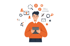 Person holding a tablet surrounded by symbols of communicati Product Image 1