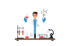 Scientist holding flasks with colorful liquids in a laborato Product Image 1