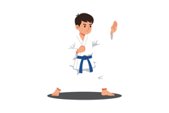 Karate boy in action pose wearing a white gi with blue belt, Product Image 1