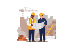 Construction workers examining blueprints together in detail Product Image 1