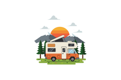 Camper van parked in nature with sunset background flat vect Product Image 1