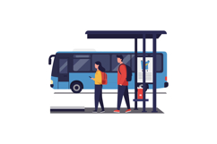Bus stop scene with two people walking in minimal style vect Product Image 1