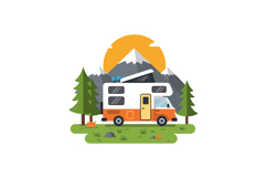 Camping van surrounded by mountains and trees in flat vector Product Image 1