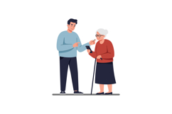 Young man teaching elderly woman to use smartphone in flat c Product Image 1