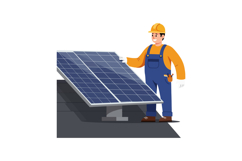 Worker installing solar panel on roof in flat, colorful, che Product Image 1
