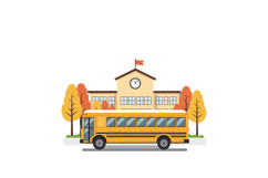 School bus parked in front of a school with trees in a flat Product Image 1