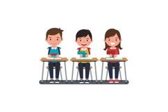 Three cheerful children sitting at desks engaged in learning Product Image 1