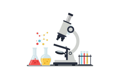 Laboratory microscope with colorful beakers and molecular st Product Image 1