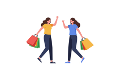 Two women happily greeting each other while carrying colorfu Product Image 1