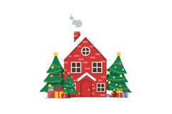 Cozy red brick house decorated for Christmas with trees and Product Image 1