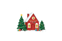 Cozy red Christmas house with decorated trees and colorful g Product Image 1