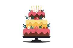 Three-tiered cake with candles and flowers in flat vector ar Product Image 1