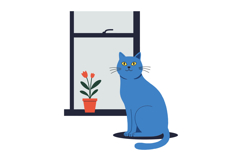 Blue cat sitting by a window with a flower pot vector art Product Image 1