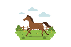 Brown horse running in a grassy field with trees flat vector Product Image 1