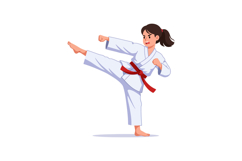 Dynamic karate girl performing a high kick in a flat, colorf Product Image 1