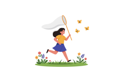 Girl joyfully running with a butterfly net in a vibrant flat Product Image 1