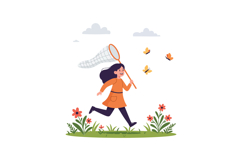 Young girl happily running with a butterfly net in colorful Product Image 1