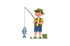 Young boy fishing with a catch in hand, wearing a hat and ve Product Image 1