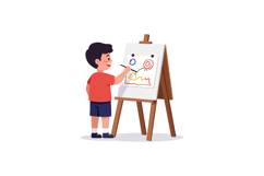 Young boy drawing on easel in playful and colorful flat vect Product Image 1