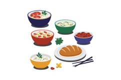 Colorful bowls of soup and bread in flat design style vector Product Image 1