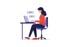Woman sitting at desk using laptop with chat bubbles in flat Product Image 1