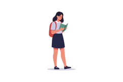 Young girl with backpack reading book in flat minimal vector Product Image 1
