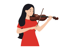 Young woman playing a violin in bright red dress depicted in Product Image 1