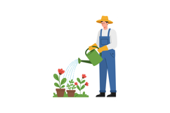 Gardener with watering can nurturing vibrant flowers in flat Product Image 1
