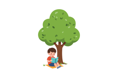Young boy reading a book under a large green tree in flat ve Product Image 1