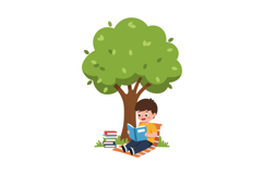 Child reading a book under a tree in a flat and colorful sty Product Image 1