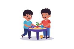 Two children joyfully planting a small plant in sand with co Product Image 1