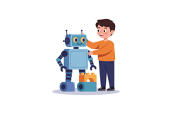 Happy child interacting with friendly robot in minimal flat Product Image 1