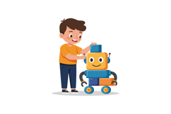 Young boy happily assembling colorful robot toy in flat vect Product Image 1
