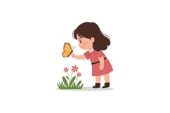 A young girl interacts with a butterfly in a colorful garden Product Image 1